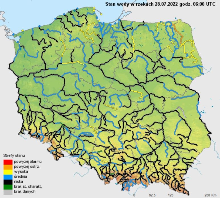 Stan wody na rzekach w Polsce 28.07.2022 r. godz. 8:00. / graf. imgw.pl