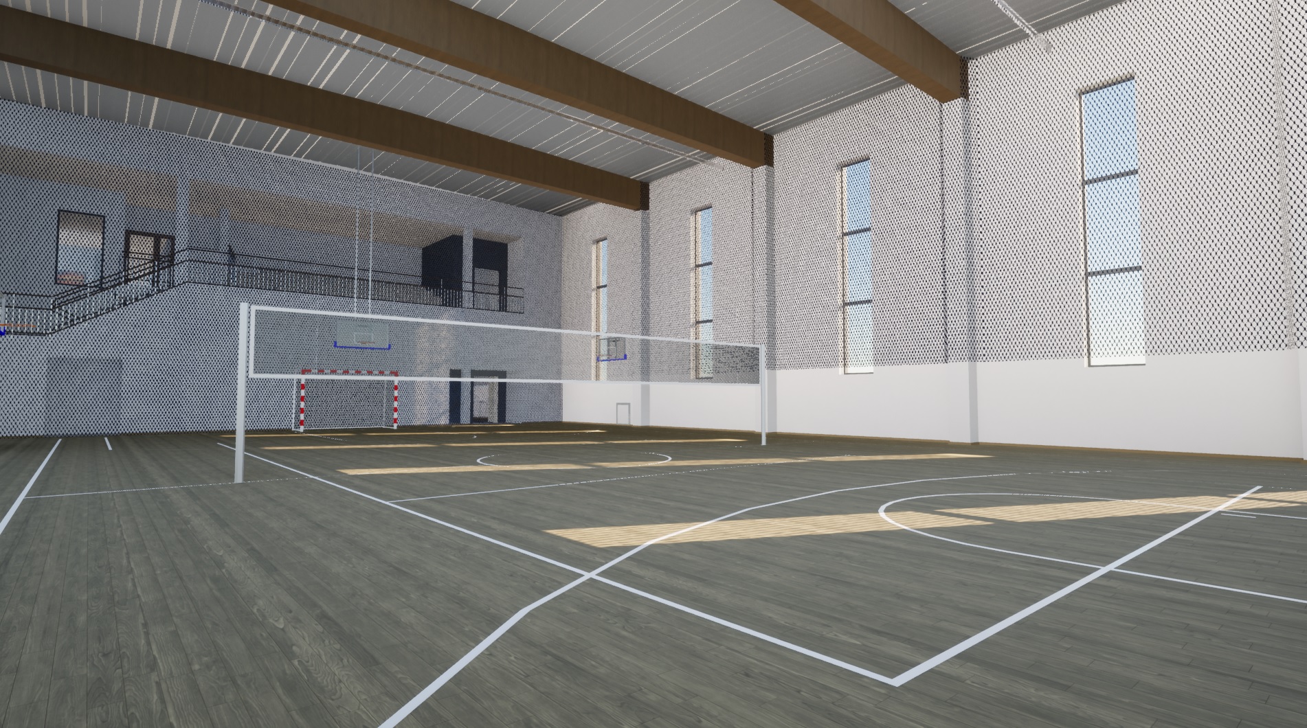 Wizualizacja sali gimnastycznej. Na głównym boisku będzie można rozgrywać mecze koszykówki i siatkówki. W zależności od potrzeb parkiet może zostać podzielony również w inny sposób - na 3 treningowe boiska do siatkówki lub 2 treningowe boiska do koszykówki.