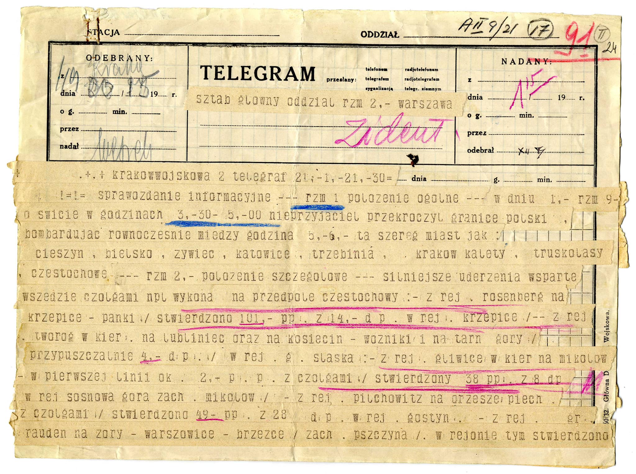 Telegramy nadane przez ppłk Zdona do sztabu Armii Kraków, w któych informuje o tym, że pierewszy kontakt oddziałów polskich z nieprzyjacielem miał miejsce o godz. 3.14 na przedpolach Rybnika, a cała granica, za którą odpowiadała Armia Kraków, została przekroczona przez wroga między 3.30 a 5.00