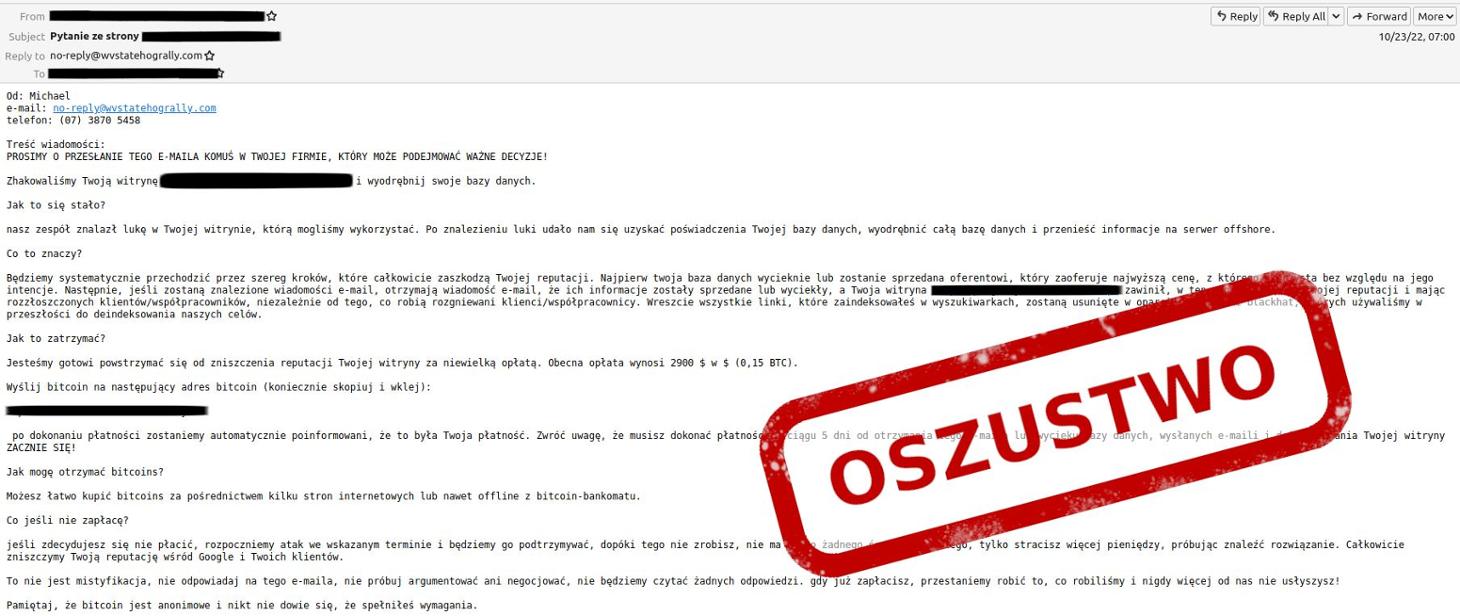 Tak wygląda jeden z e-maili, który jest próbą oszustwa. / źr. inf. CSIRT