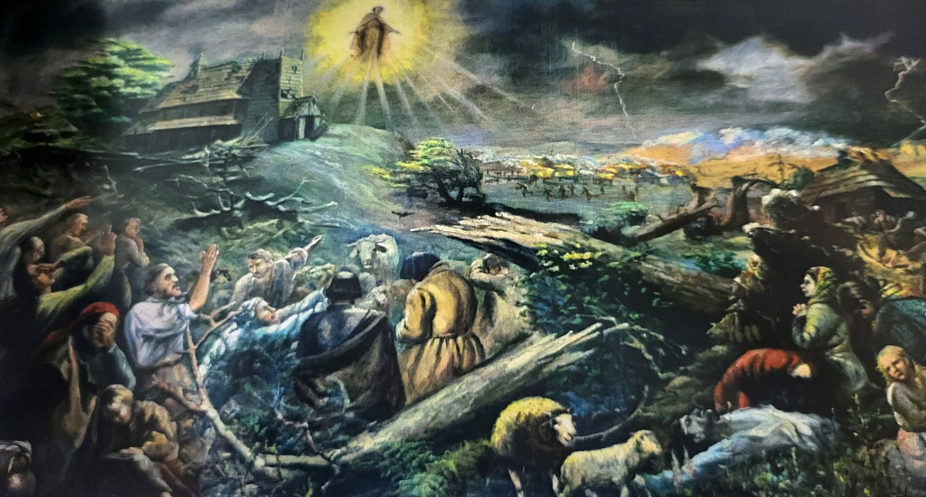 Jeden z obrazów Ludwika Konarzewskiego w jedłownickim kościele, przedstawiający krajobraz po gradobiciu. Wśród postaci na obrazie znajduje się jeden z bohaterów książki – Zefek Musioł.