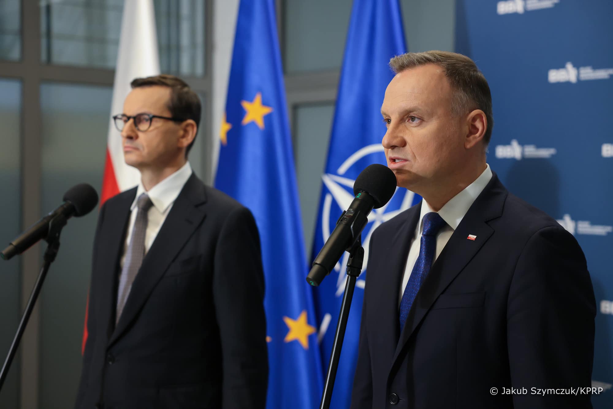 Prezydent Andrzej Duda i Premier Mateusz Morawiecki w czasie konferencji przed spotkaniem Rady Bezpieczeństwa Narodowego /  fot. Jakub Szymczuk KPRP