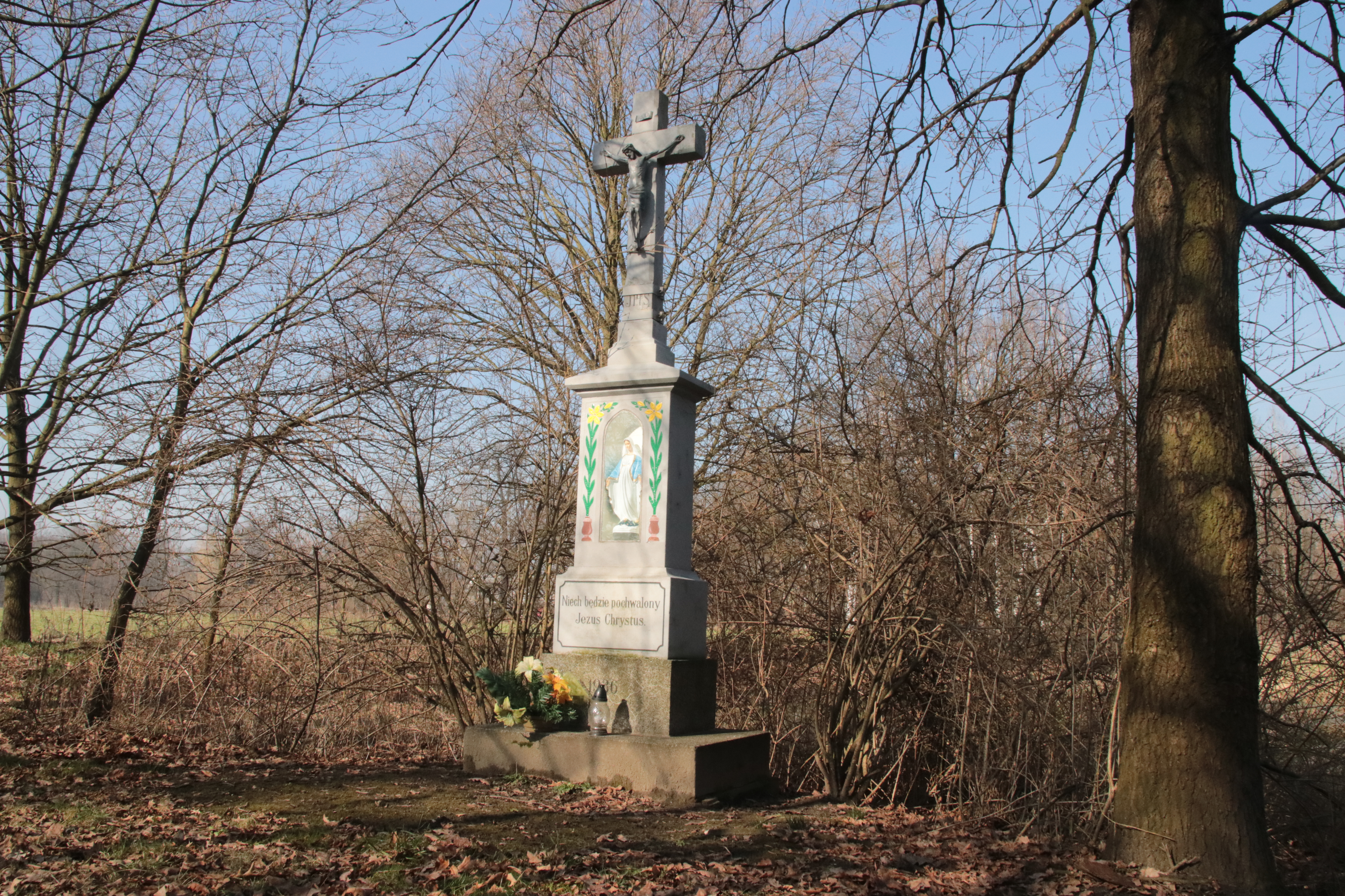 Krzyż stoi przy w lesie blisko rzeki Rudy, w polu, przy ulicy Strażackiej