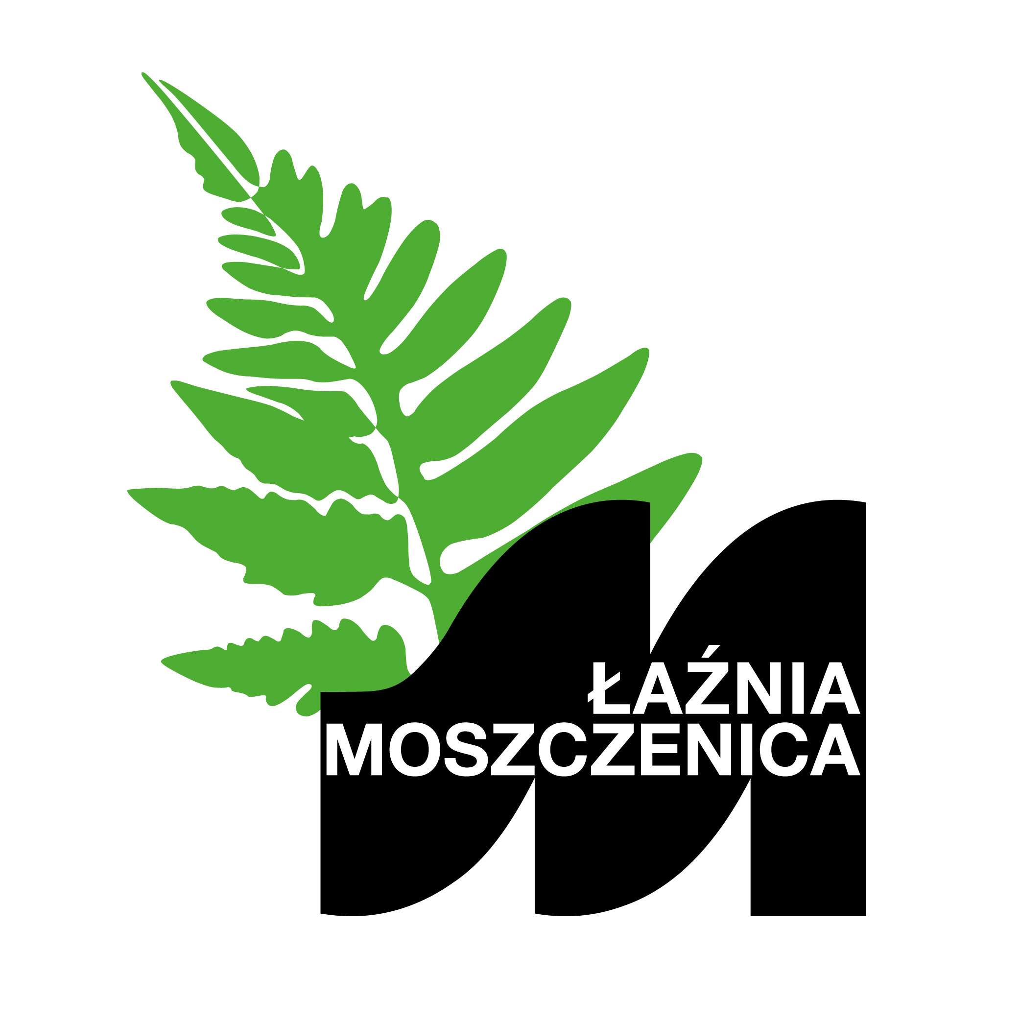 Logo Łaźni Moszczenica z liściem paproci, nawiązującym do węgla oraz czarnym M