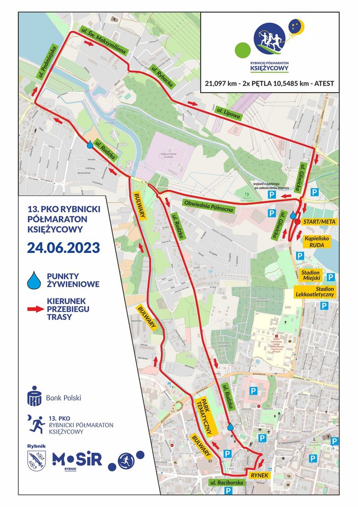 Mapa z zaznaczoną trasą 13. Półmaratonu Księżycowego w Rybniku.