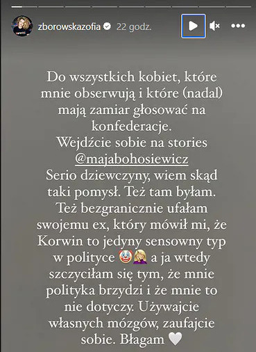 Zofia Zborowska o głosowaniu na Konfederację. Fot. Instagram.