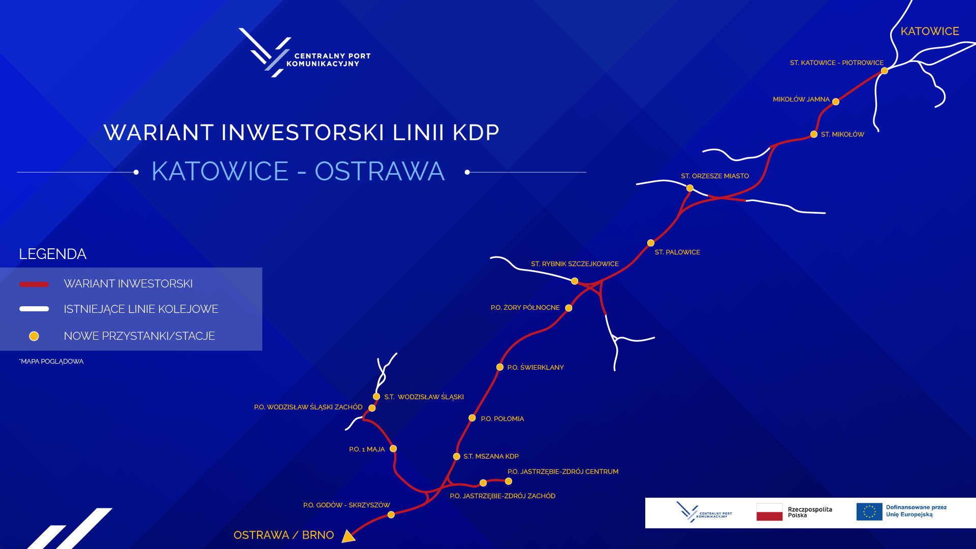 Wariant inwestorski linii KPD Katowic - Ostrawa. Źródło: CPK