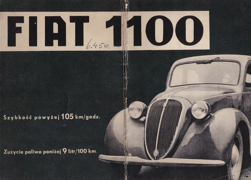 Okładka folderu z fiatem1100 mówi o wyglądzie, cenie i zużyciu paliwa