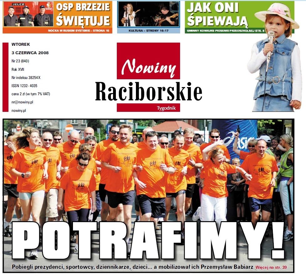 O wizycie Przemysława Babiarza w Raciborzu podczas Biegu po zdrowie pisały Nowiny Raciborskie w numerze z 3 czerwca 2008 r.